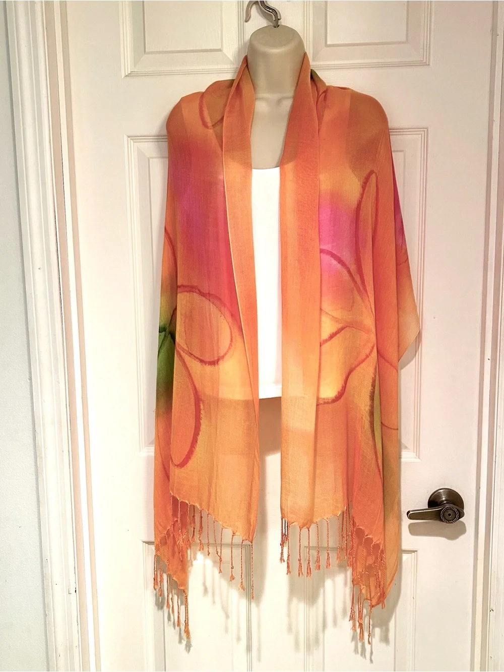 Orange Sheer Floral Hand Painted Fringed Shawl Scarf - Lightweight